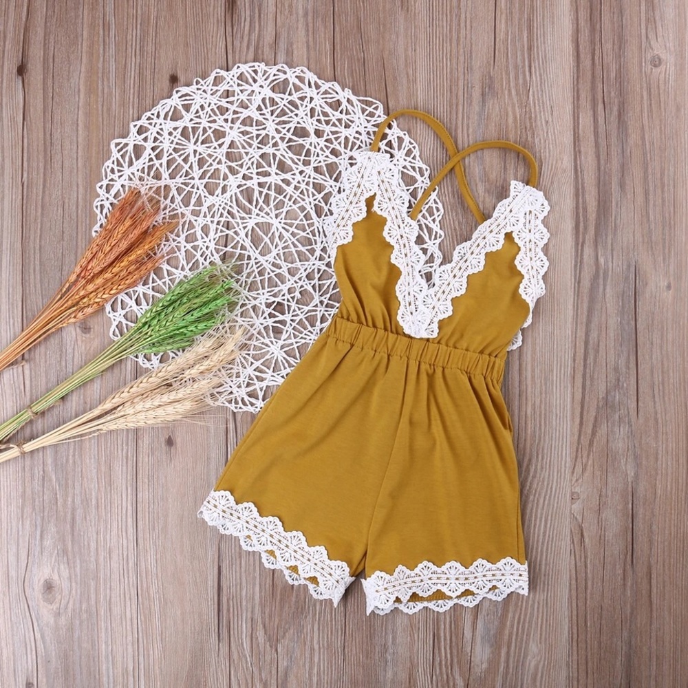 Baby Girl Mustard Romper Halter Lace Detail - Picture 2 of 6